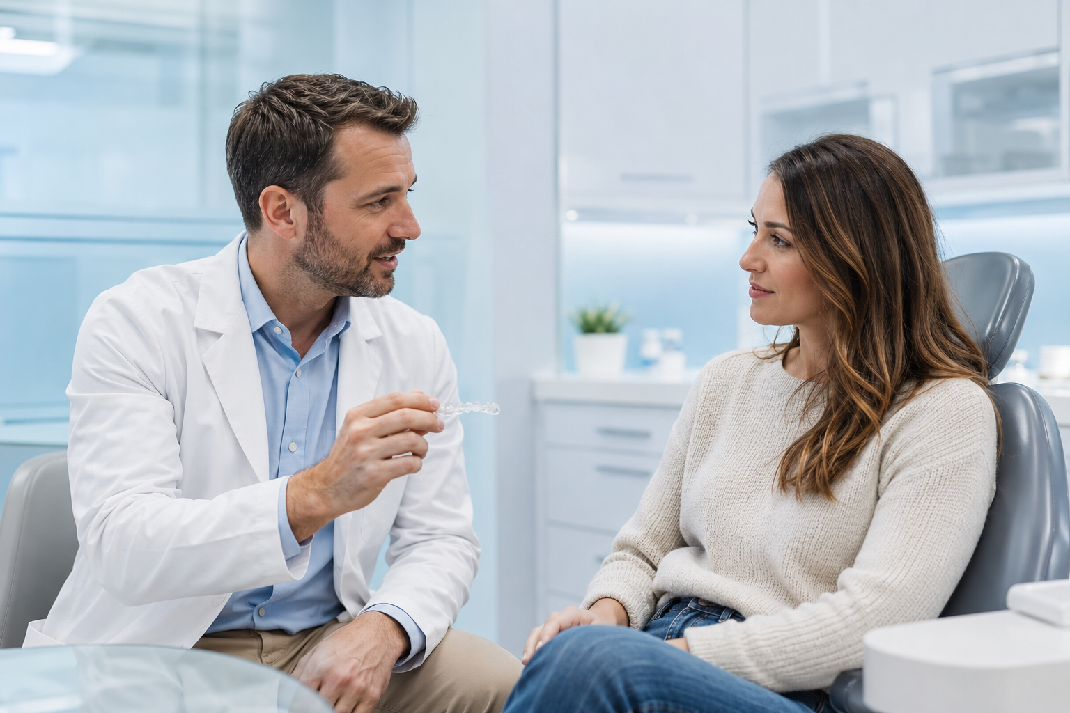 Orthodontist explaining a transparent aligner to a patient