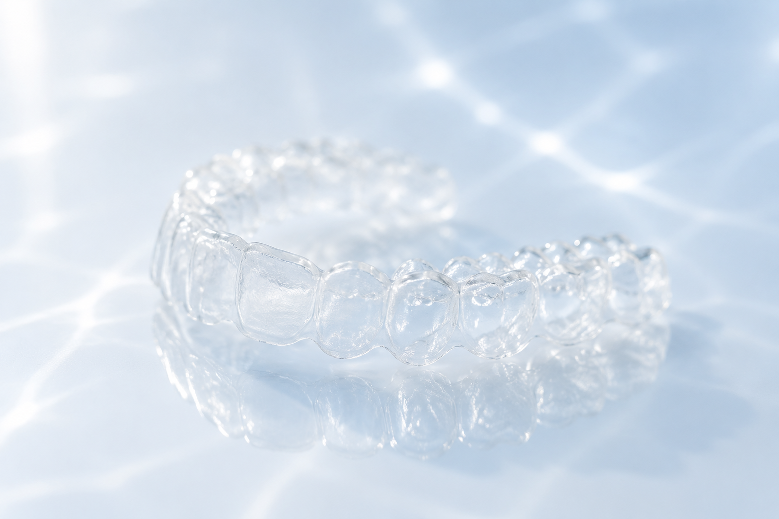 Transparent clear aligner on a clean reflective surface