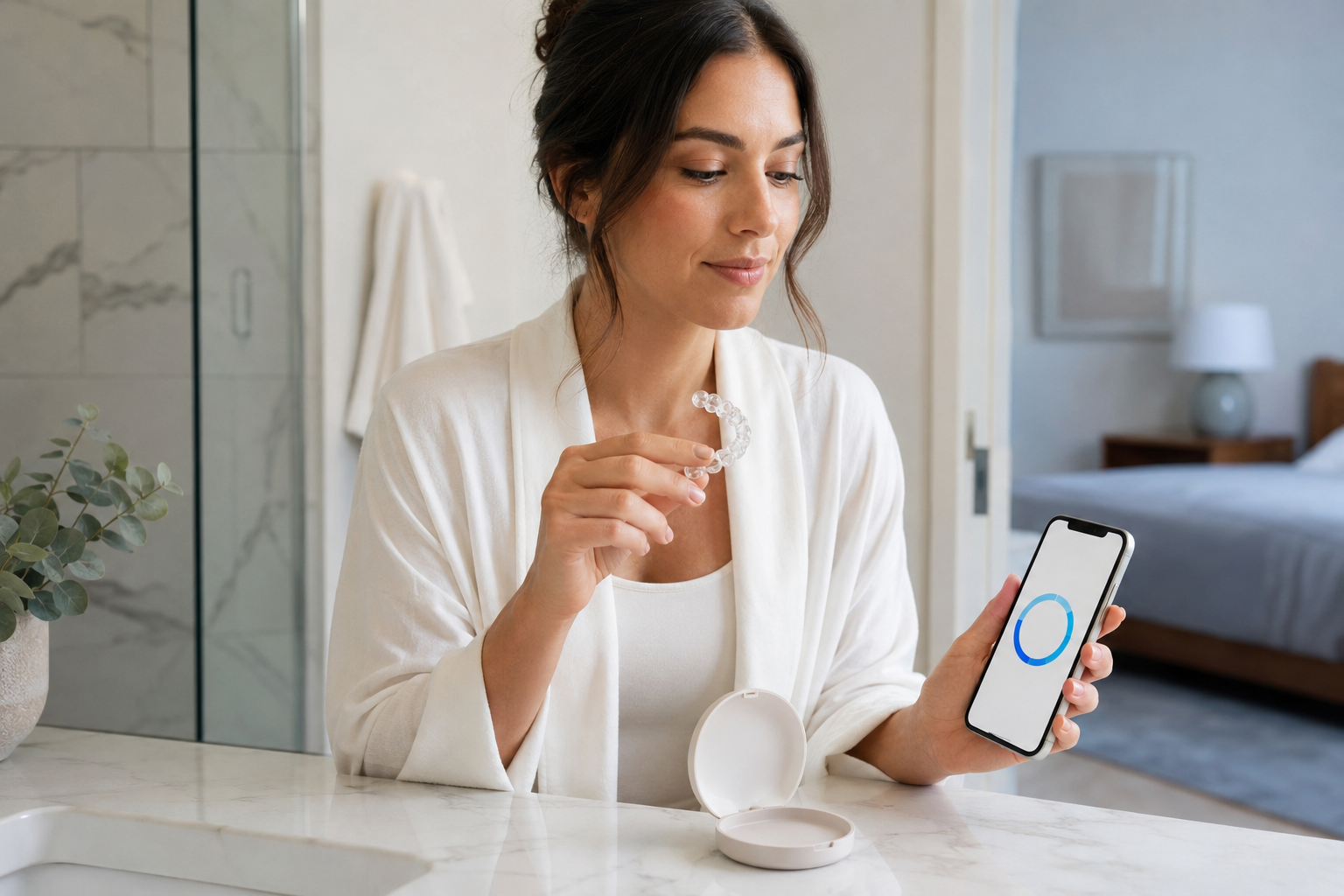 Patient following a connected clear-aligner routine at home